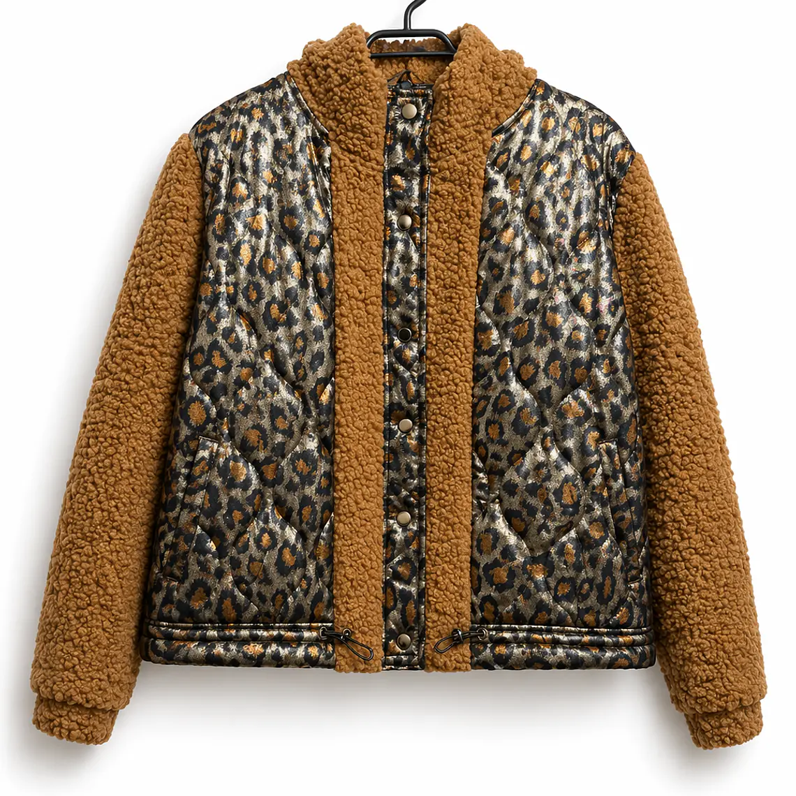 Chaqueta combinada acolchada animal print y teddy camel 1