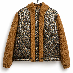 Chaqueta combinada acolchada animal print y teddy camel