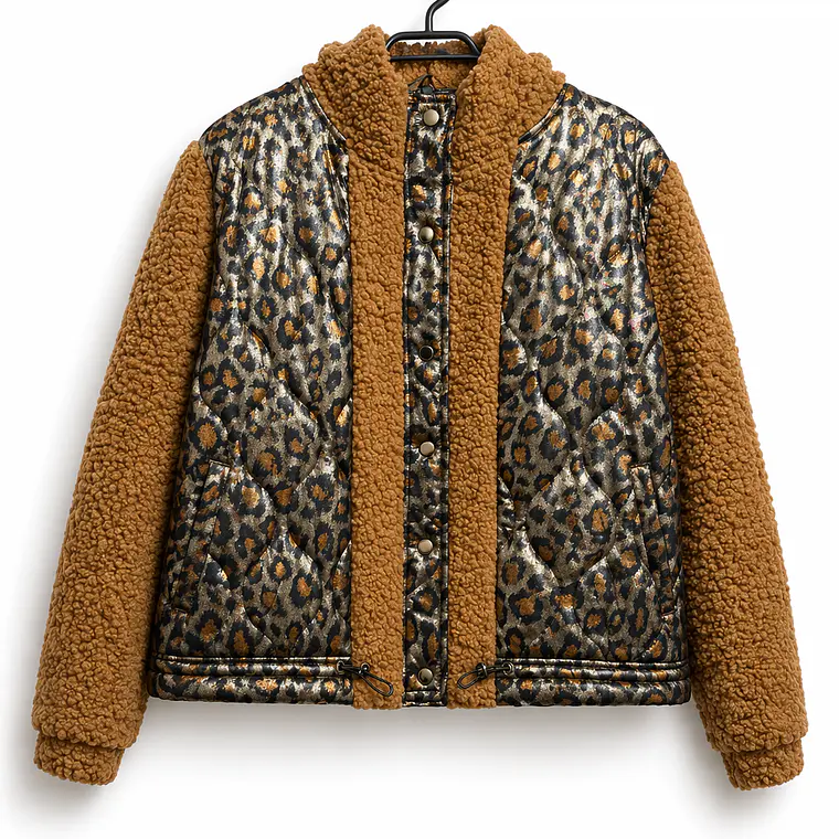 Chaqueta combinada acolchada animal print y teddy camel 1