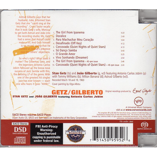 Stan Getz - Joao Gilberto - Getz Gilberto -  Super Audio Cd Sacd - Hecho En Europa 2