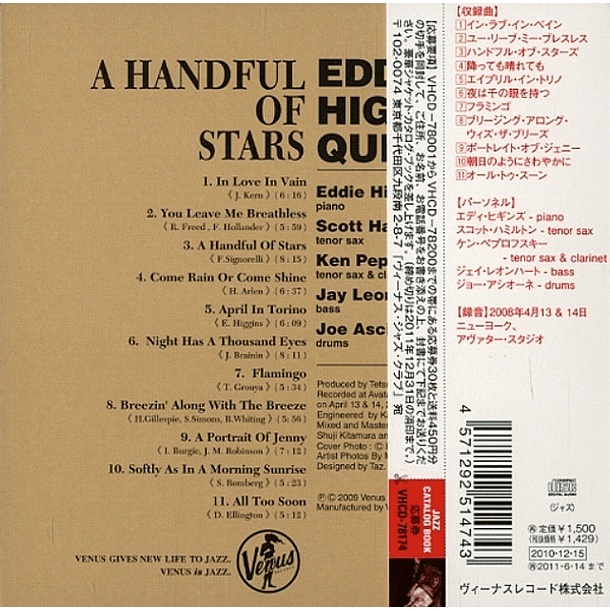 Eddie Higgins Quintet Featuring Scott Hamilton and Ken Peplowski – A Handful Of Stars - Cd - Hecho En Japón 2