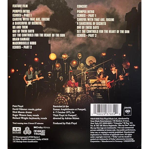 Pink Floyd – Pink Floyd At Pompeii MCMLXXII - Blu Ray Ultra HD - Dolby Atmos - Hecho En Alemania - Nuevo Y Sellado 2