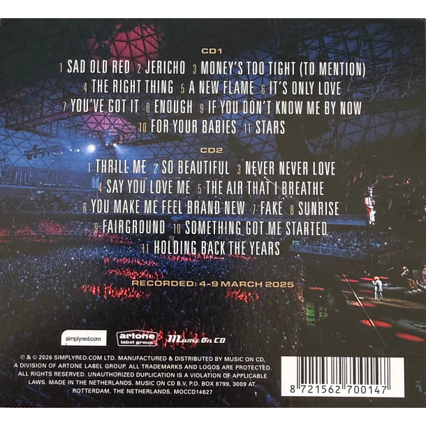 Simply Red – Holding Back The Years - 40 Years Of Simply Red (Live In Santiago) - 2 CDs - Hecho En The Netherlands - Nuevo Y Sellado 2