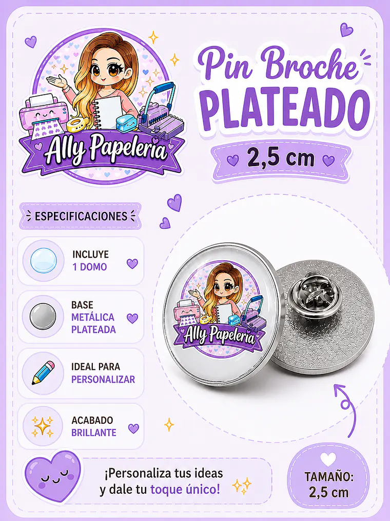 10 pins para personalizar + domo resina 2,5 cm  2