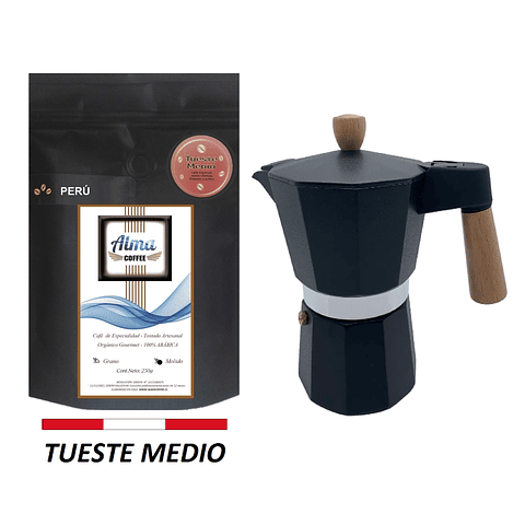 Pack Cafetera Italiana Moka 6 tazas y Café de Especialidad Tostado Medio Arábica 250 gr