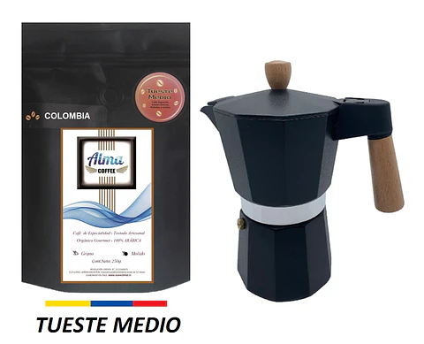 Pack Cafetera Italiana Moka 6 tazas y Café de Especialidad Tostado Medio Arábica 250 gr