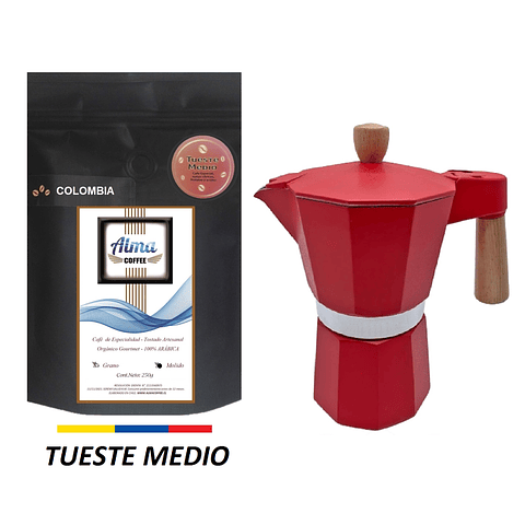 Pack Cafetera Italiana Moka 6 tazas y Café de Especialidad Tostado Medio Arábica 250 gr