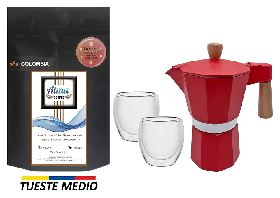 Pack Cafetera Italiana Moka 3 tazas + Café de Especialidad Arábica 250 gr + Tazas doble pared 2