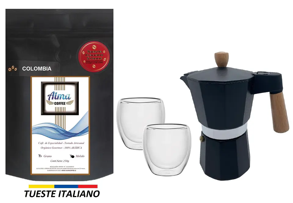 Pack Cafetera Italiana Moka 3 tazas + Café de Especialidad Arábica 250 gr + Tazas doble pared 4