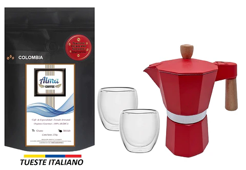 Pack Cafetera Italiana Moka 3 tazas + Café de Especialidad Arábica 250 gr + Tazas doble pared