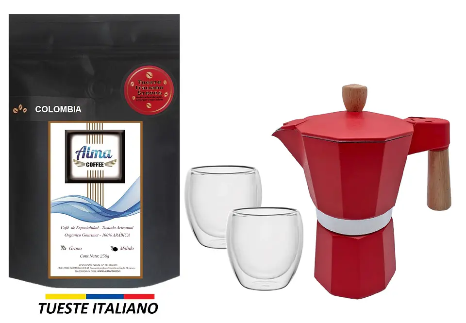 Pack Cafetera Italiana Moka 3 tazas + Café de Especialidad Arábica 250 gr + Tazas doble pared 1