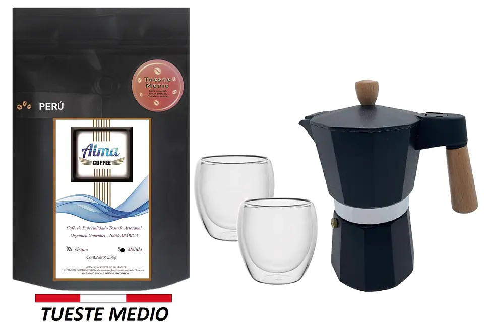 Pack Cafetera Italiana Moka 3 tazas + Café de Especialidad Arábica 250 gr + Tazas doble pared 5