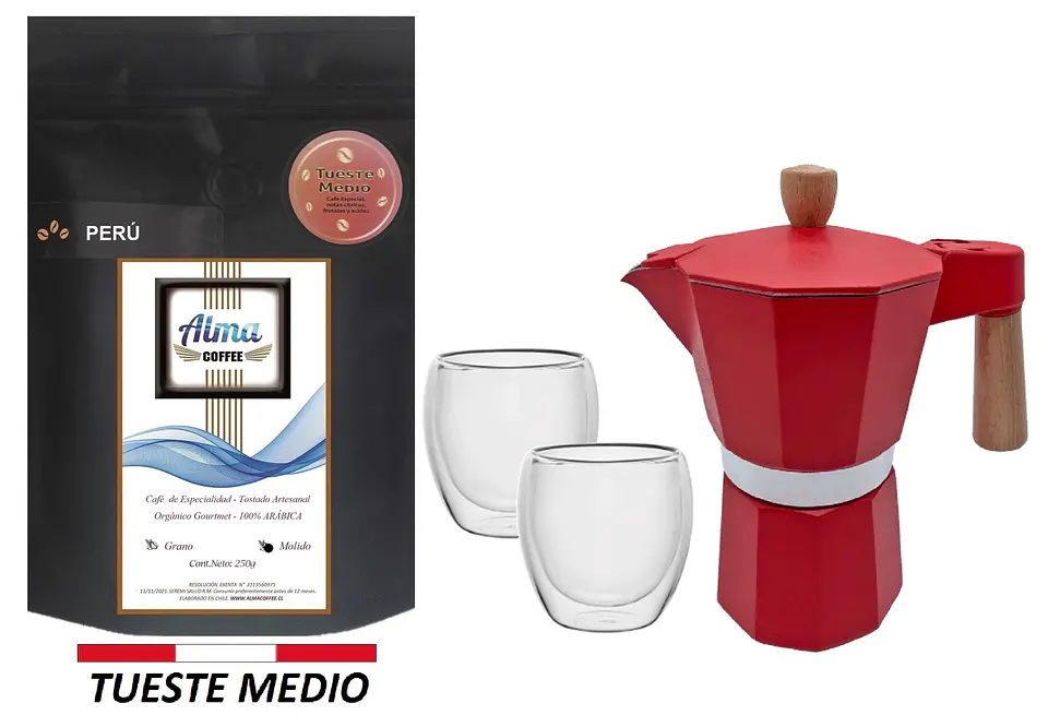 Pack Cafetera Italiana Moka 3 tazas + Café de Especialidad Arábica 250 gr + Tazas doble pared 6