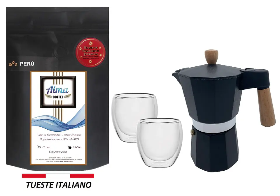 Pack Cafetera Italiana Moka 3 tazas + Café de Especialidad Arábica 250 gr + Tazas doble pared 7