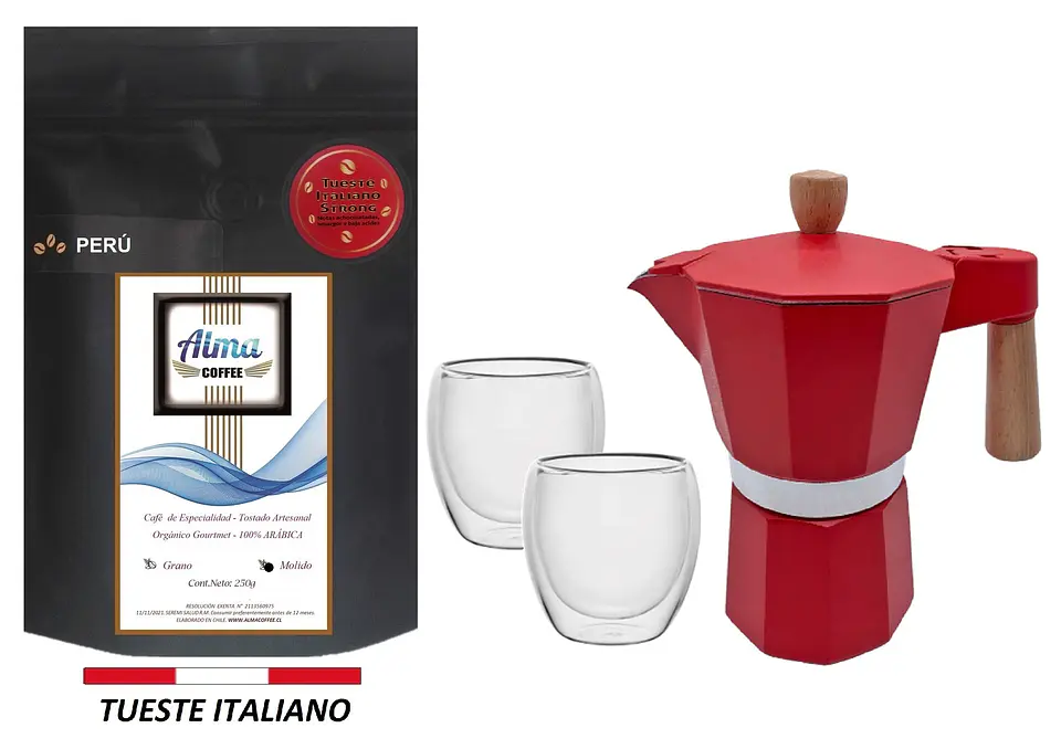 Pack Cafetera Italiana Moka 3 tazas + Café de Especialidad Arábica 250 gr + Tazas doble pared 8