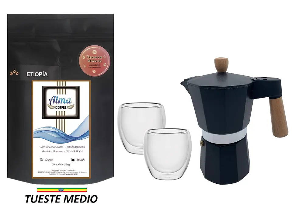 ☕️ Pack Cafetera Italiana Moka 3 tazas, Café de Especialidad Arábica 250 gr y Tazas doble pared 1