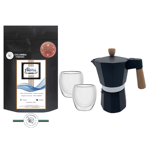 ☕️ Pack Cafetera Italiana Moka 3 tazas, Café de Especialidad Arábica 250 gr y Tazas doble pared