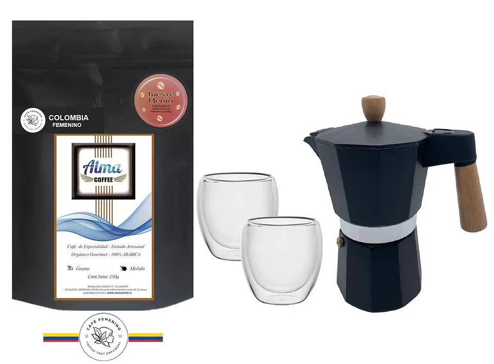 ☕️ Pack Cafetera Italiana Moka 3 tazas, Café de Especialidad Arábica 250 gr y Tazas doble pared 3