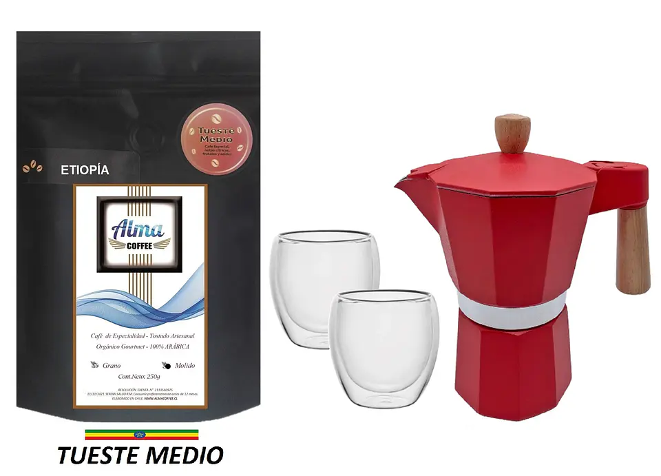 ☕️ Pack Cafetera Italiana Moka 3 tazas, Café de Especialidad Arábica 250 gr y Tazas doble pared 4