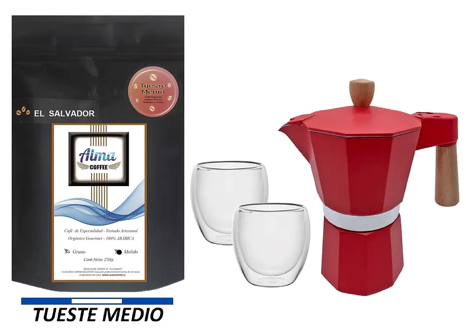 ☕️ Pack Cafetera Italiana Moka 3 tazas, Café de Especialidad Arábica 250 gr y Tazas doble pared 5