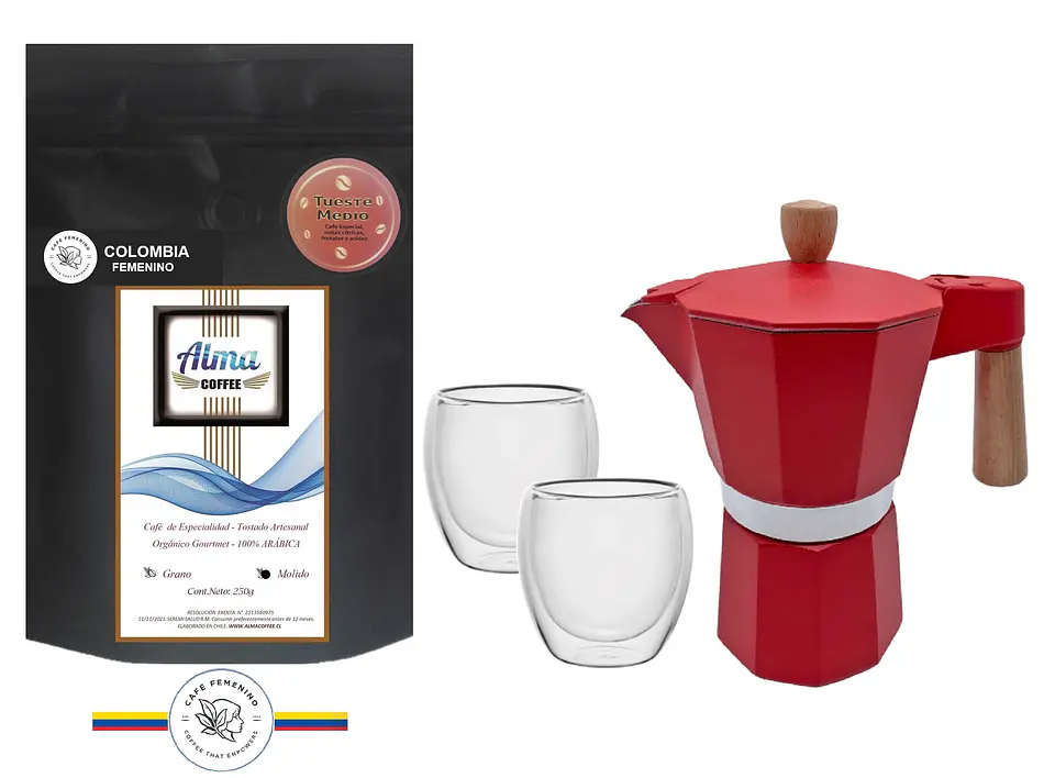 ☕️ Pack Cafetera Italiana Moka 3 tazas, Café de Especialidad Arábica 250 gr y Tazas doble pared 6