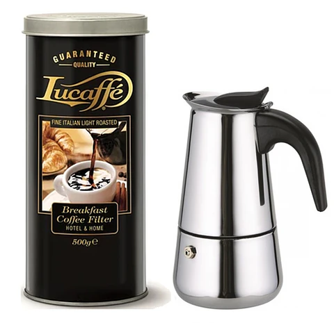Pack Cafetera Italiana 4 tazas acero inox. + Café Lucaffe ﻿Breakfast 500 gr