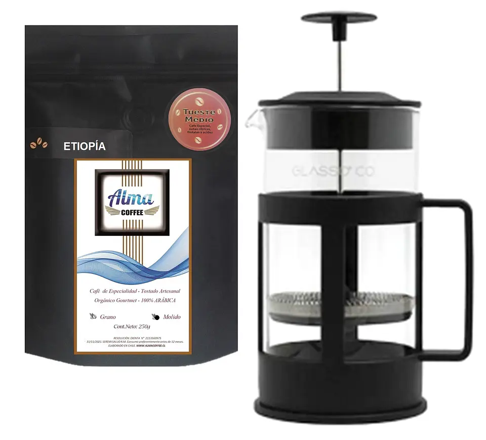 Cafetera Prensa Francesa GLASSO 1 lt y Café de Especialidad 2