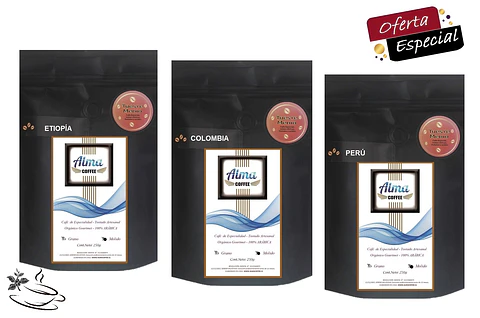 Café Especialidad Colombia, Perú, Etiopía 100% Arábica "Tueste Medio"  (3x250gr)