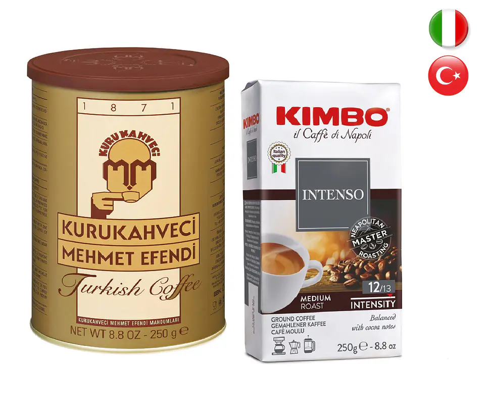Café Turco Kurukahveci Mehmet Efendi 250 gr y Kimbo Italiano Intenso 250 gr 1
