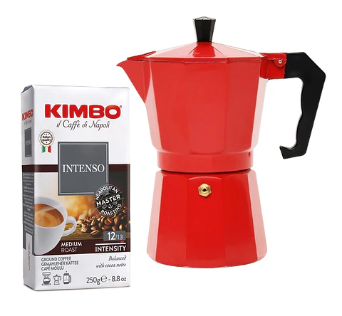 Café Kimbo Intenso 250 gr Molido + Cafetera Italiana Moka 6 tazas