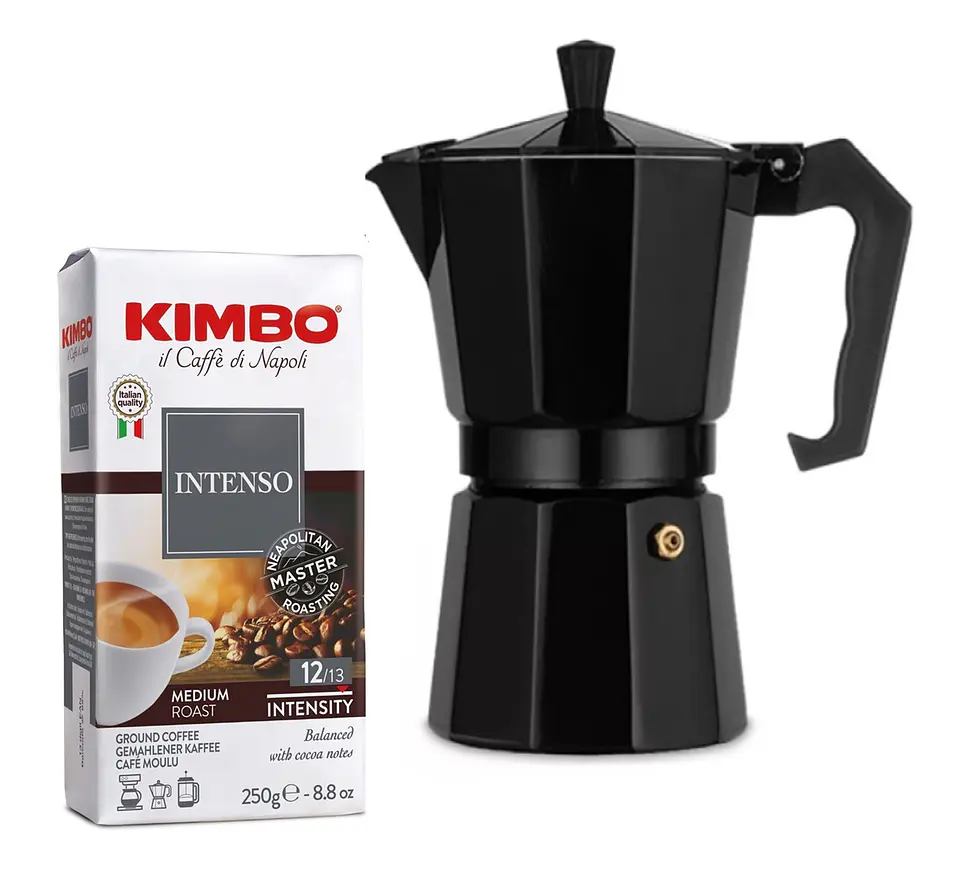 Café Kimbo Intenso 250 gr Molido + Cafetera Italiana Moka 6 tazas 2