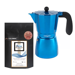 Cafetera Moka Italiana Blue Inducción Oroley 9 Tazas + Café Especialidad Colombia