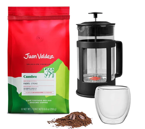 ☕️ Café Juan Valdez 250 gr Molido + Cafetera Prensa Francesa 600ml + Taza obsequio