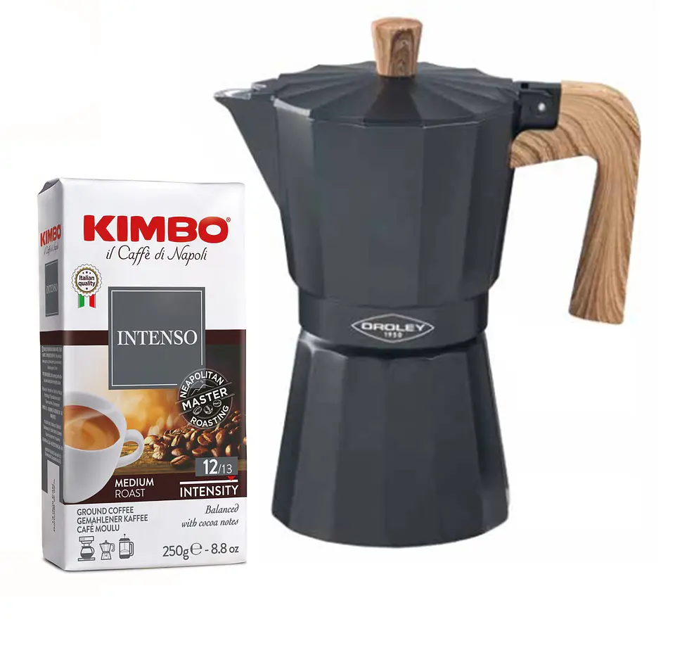Cafetera Italiana Dakar Oroley 9 Tazas espresso y Café Intenso Kimbo 250gr 1