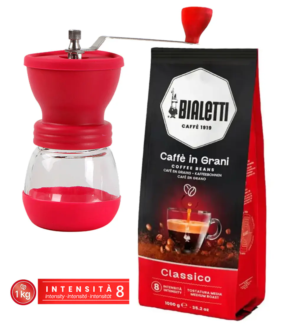 Café Bialetti Grano 1 kg y Molinillo con muelas cónicas cerámicas 3