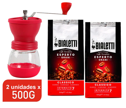 Café Bialetti Grano 2 unidades x 500g y Molinillo con muelas cónicas cerámicas