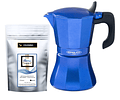 Cafetera Moka Italiana Petra Blue Inducción Oroley 6 Tazas + Café Especialidad Colombia