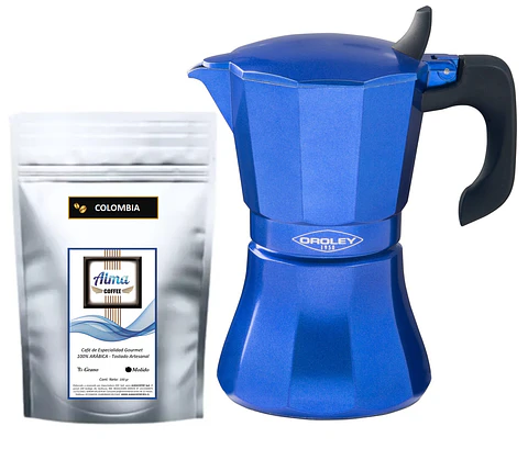 Cafetera Moka Italiana Petra Blue Inducción Oroley 6 Tazas + Café Especialidad 100gr