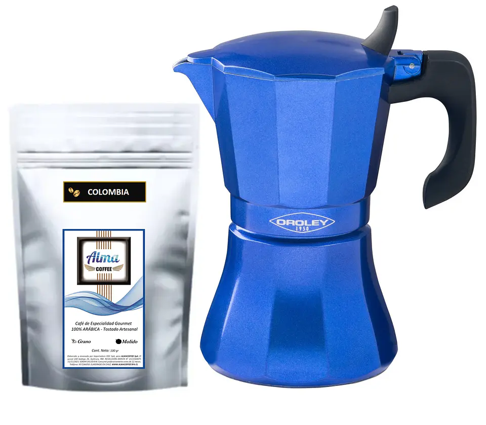 Cafetera Moka Italiana Petra Blue Inducción Oroley 6 Tazas + Café Especialidad 100gr 1