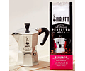 Cafetera Moka Italiana Bialetti 3 Tazas y Café Bialetti Molido Perfetto Moka 250gr