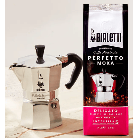 Cafetera Moka Italiana Bialetti 3 Tazas y Café Bialetti Molido Perfetto Moka 250gr