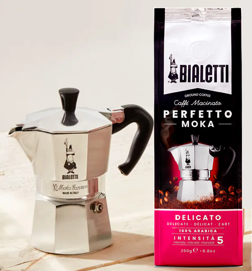 Cafetera Moka Italiana Bialetti 3 Tazas y Café Bialetti Molido Perfetto Moka 250gr 2