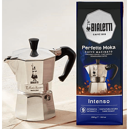 Cafetera Moka Italiana Bialetti 3 Tazas y Café Bialetti Molido Perfetto Moka 250gr