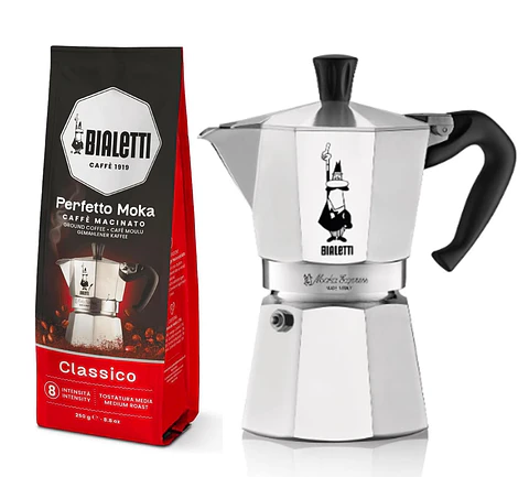 Cafetera Moka Italiana Bialetti 6 Tazas y Café Bialetti Molido Perfetto Moka 250gr