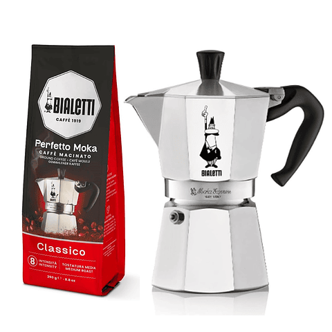 Cafetera Moka Italiana Bialetti 6 Tazas y Café Bialetti Molido Perfetto Moka 250gr