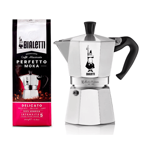 Cafetera Moka Italiana Bialetti 6 Tazas y Café Bialetti Molido Perfetto Moka 250gr