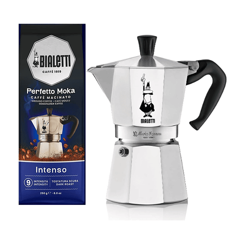 Cafetera Moka Italiana Bialetti 6 Tazas y Café Bialetti Molido Perfetto Moka 250gr