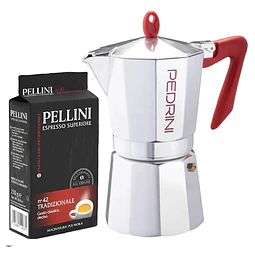Cafetera Italiana PEDRINI Moka 6 tazas espresso y Café Molido Italiano Pellini Espresso 250gr
