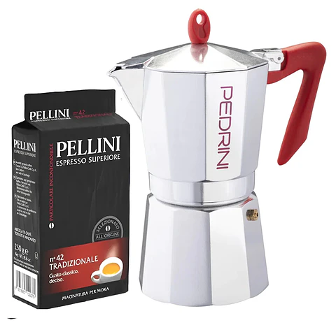 Cafetera Italiana PEDRINI Moka 6 tazas espresso y Café Molido Italiano Pellini Espresso 250gr