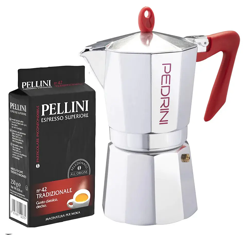 Cafetera Italiana PEDRINI Moka 6 tazas espresso y Café Molido Italiano Pellini Espresso 250gr 1